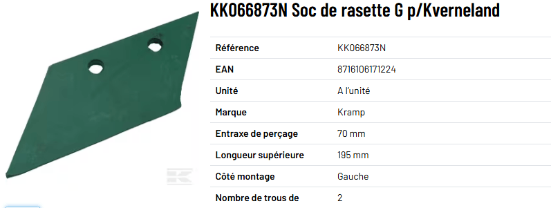SOL / LABOUR / SEMIS - PIECES USURE CHARRUE - Soc de rasette GAUCHE p/Kverneland