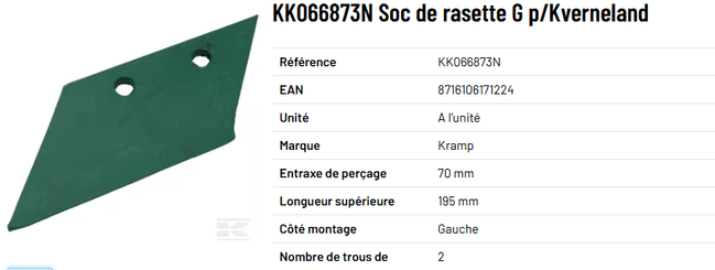 SOL / LABOUR / SEMIS - PIECES USURE CHARRUE - Soc de rasette GAUCHE p/Kverneland