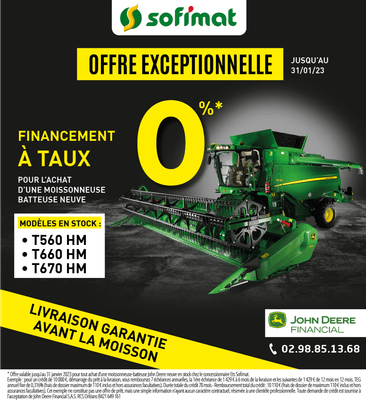 OFFRE EXCEPTIONNELLE ! Financez jusqu'au 31 janvier votre MOISSONNEUSE-BATTEUSE JOHN DEERE avec un taux à 0%.